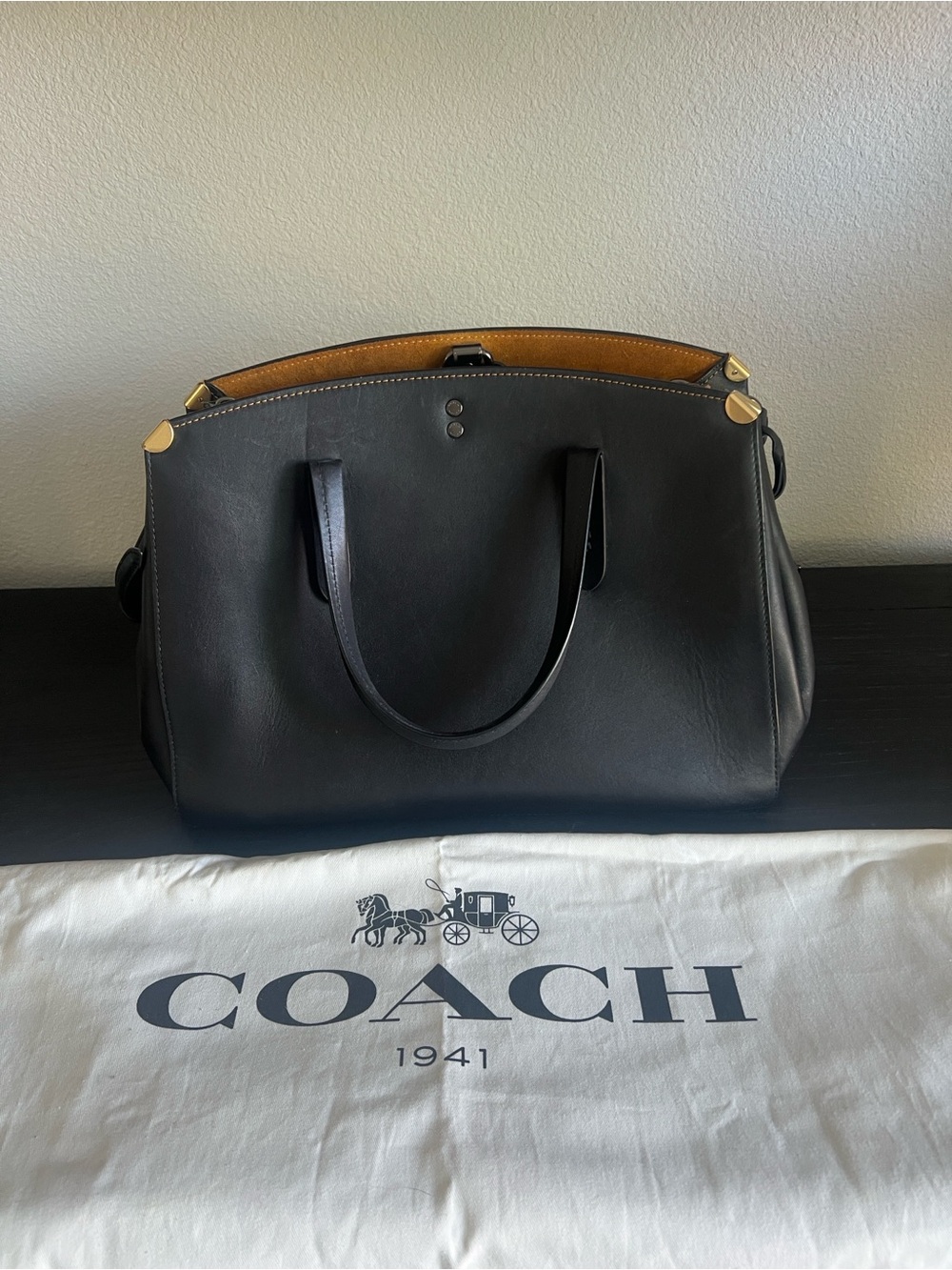 Coach Black Leather Satchel with Gold Corner Hardware